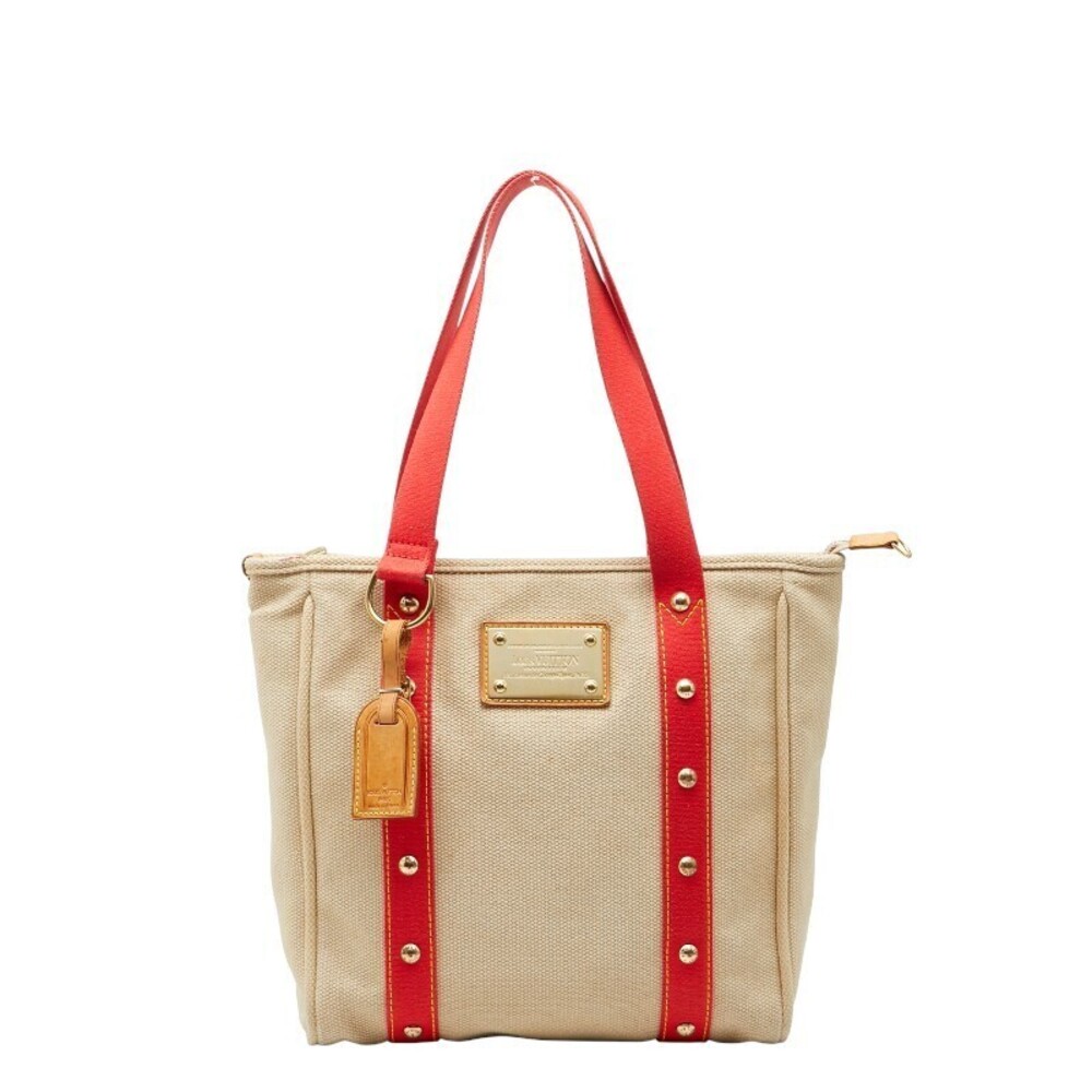 Louis Vuitton Antigua Cabas Tote Bag Beige Cream Red Canvas